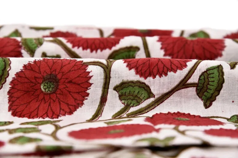 Indian 100% Cotton Hand Block Natural Sanganeri Floral Print Fabric 25 Yard - Image 3 of 4