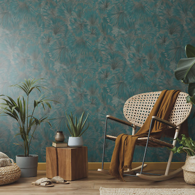 Large Leaf Vinyl Wallpaper 10373-19 Teal Metallic Gold Tropical Leaves Erismann