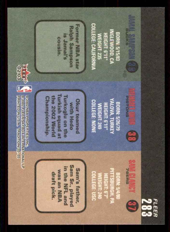 2002-03 Fleer Tradition #283 Sam Clancy RC/Mehmet Okur RC/Jamal Sampson RC - Image 2 of 2