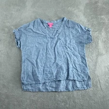 Isaac Mizrahi New York Womens Linen Short Sleeve V-Neck Blouse Size L Blue 4154