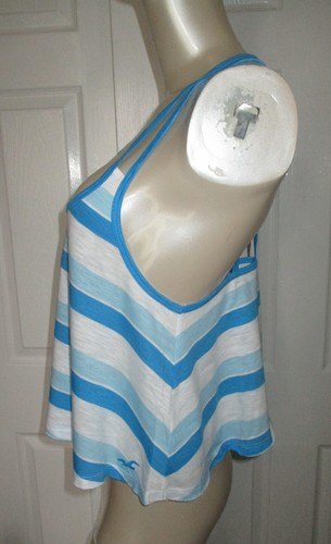Hollister Tank Top Size Large Strappy Racer Back Blue~White Stripe Raw Hem - Picture 3 of 8