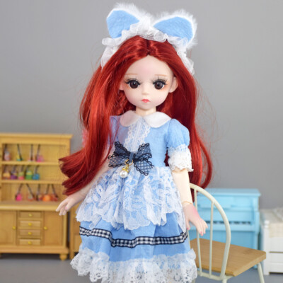 12 inch BJD Doll Toy Cute Girl Doll w/ Red Wigs Dress Shoes Headband Full Set