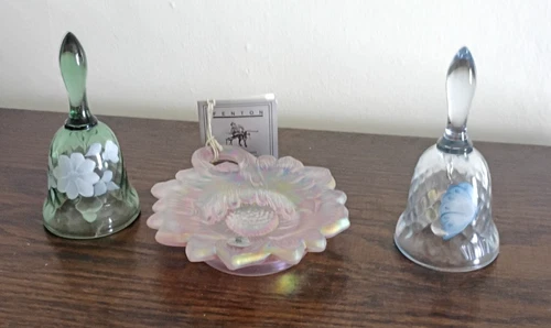 Two Hand Painted Fenton Bells & Pink Opalescent Jewelry Dish - all nice