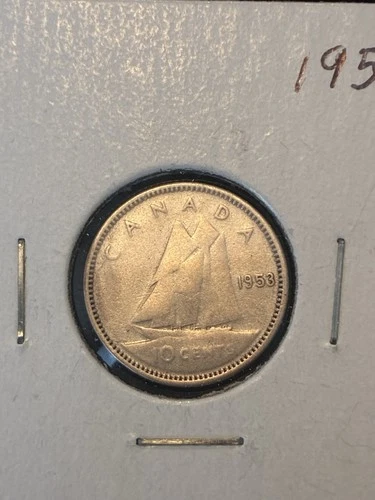 1953 Canada Silver Dime 10 Cents Elizabeth II .800 Fine Bluenose Coin F Fine