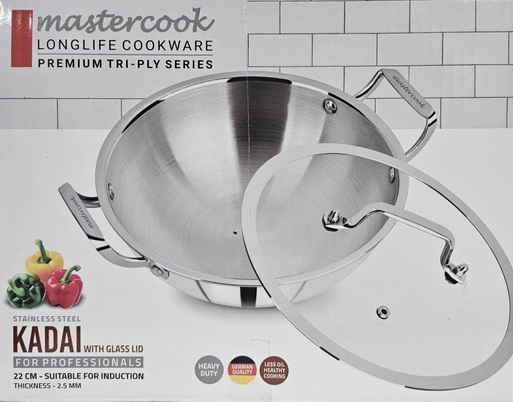 Platinum Triply Stainless Steel Kadai Wok With Glass Lid 20cm Induction Bottom
Opens in a new window
