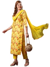 GoSriKi Women's Cotton Blend Kurta with Pant & Dupatta