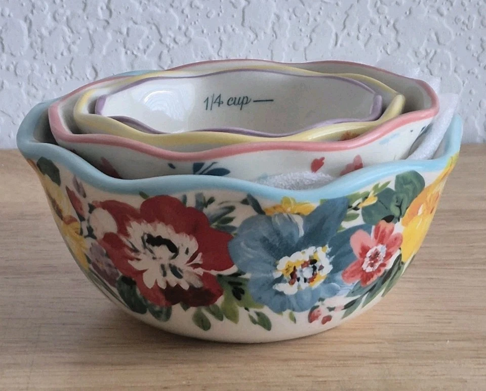 Pioneer Woman Sweet Romance Ceramic Measuring Bowls 4 Pc NWOT HTF Pastel Floral