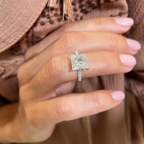 4Ct Princess Created Diamond Engagement Bridal Ring Set 14K White Gold Plated - Picture 3 of 8