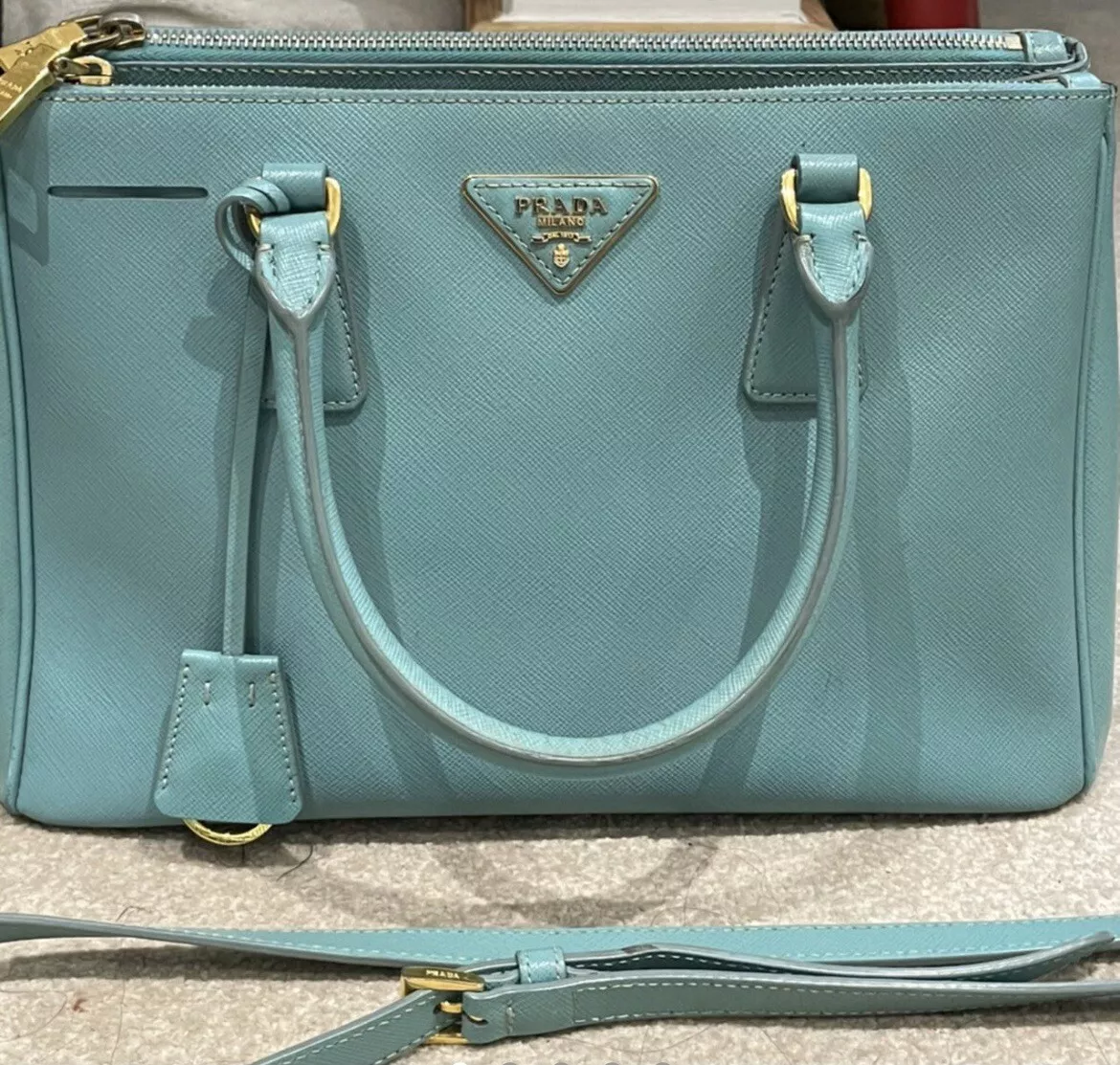 PRADA Galleria Medium Turquois￼ Saffiano Lux Bag Authenticated