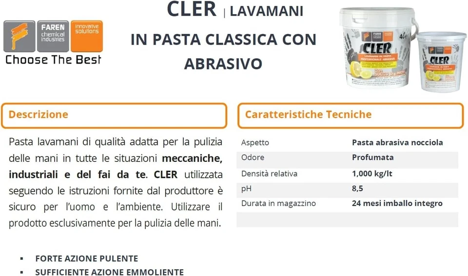 Faren CLER Pasta Lavamani Abrasiva alta qualità Emmoliente, succo di limone 4lt - Immagine 2 di 4