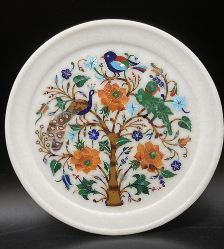White Marble Stone Pietra Dura Inlay Plate Floral Parrot Peacock Bird 7”