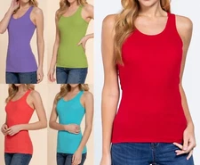 Round Neck Racerback Ribbed Tank Top Soft Stretch Thin Cotton Fitted Sleeveless