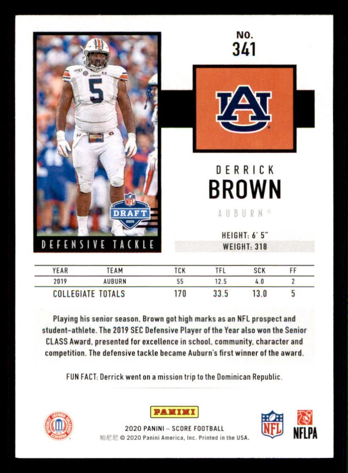 2020 Score #341 Derrick Brown RC - Image 2 of 2