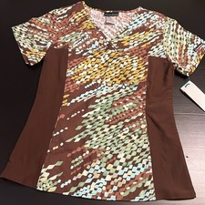 Cherokee Flexibles Scrub Top XS Brown Green Geometric Print V-Neck Medical Shirt