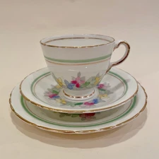 Delphine Hand Painted Garland Tea Cup Saucer & Plate Trio Made in England Rare