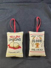 2 Cross Stitch Christmas Stocking Ornaments Flour & Onion Bags Cook Restaurant