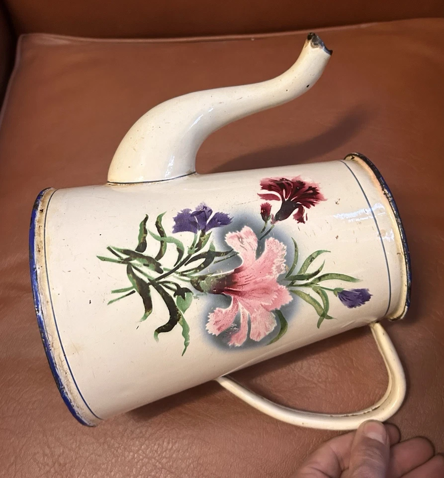 Cafetière émaillée ancienne décor fleurs - Photo 3/4