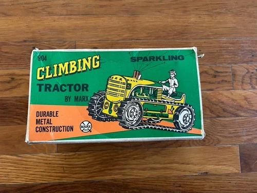 Vintage Marx Climbing Tin Tractor Wind Up Toy With Farmer. Tested, Works!