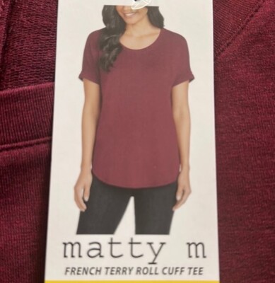 Matty M Women's French Terry Tee Roll Cuff Short Sleeve T Shirt S1