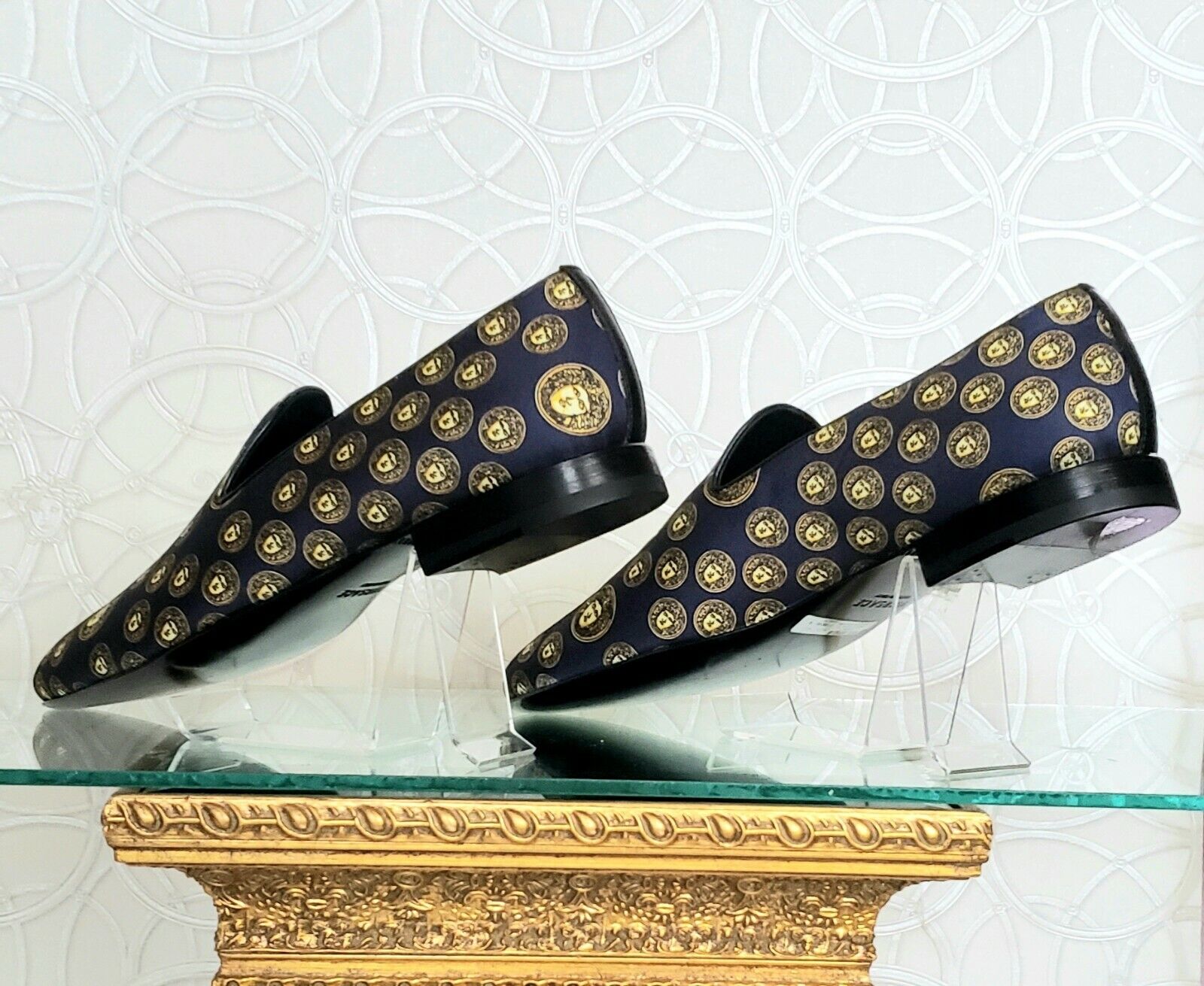 SOLD OUT! NEW VERSACE NAVY BLUE SILK LOAFERS w/GOLD MEDUSA PRINT Sz 44 - 11