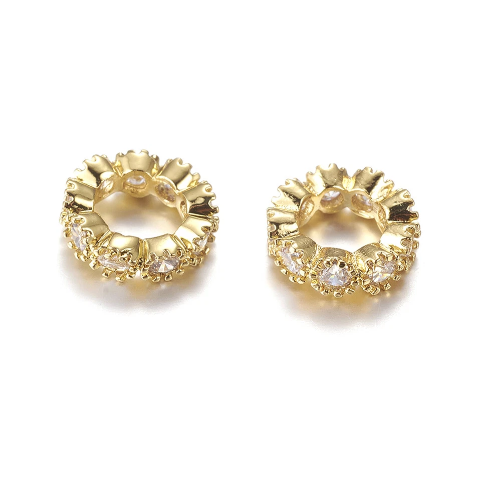 10pcs Gold Tone Brass Pave Cubic Zirconia Beads Rondelle Large Hole Spacers 10mm - Image 2 of 2