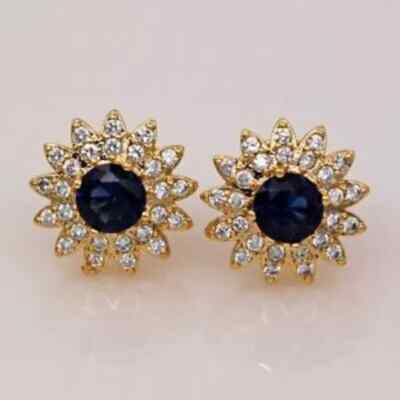 3.50Ct Lab-Created Blue Sapphire Diamond Flower Stud Earrings 14K Yellow Finish