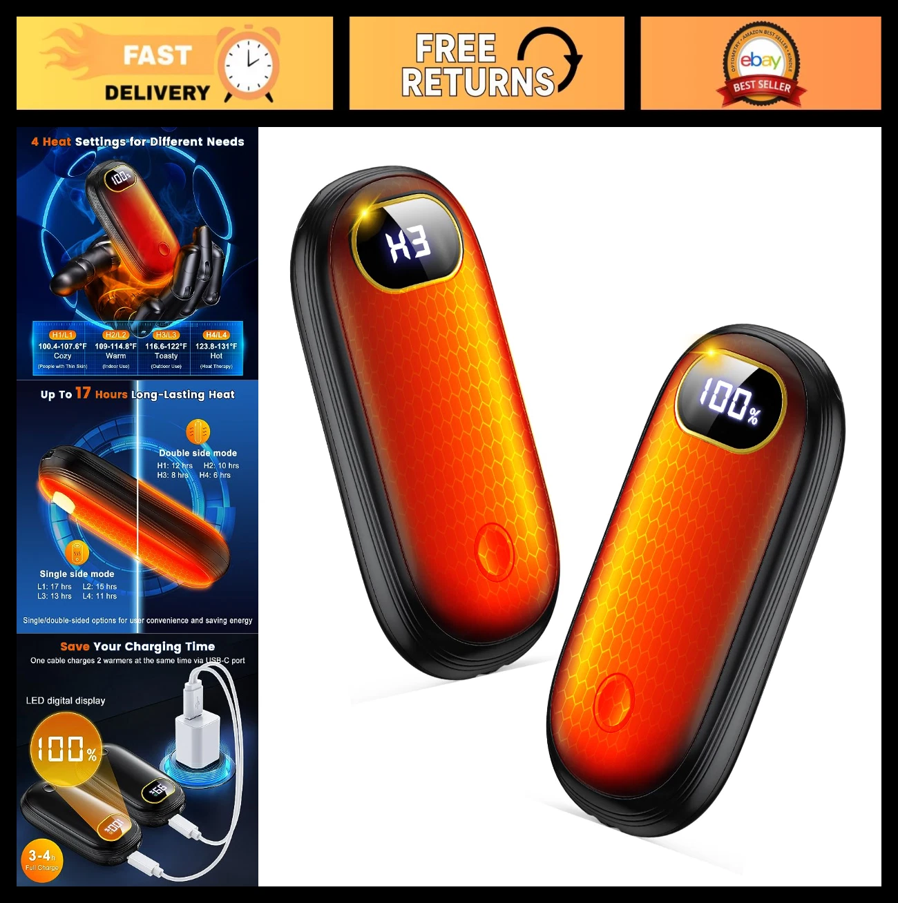 Rechargeable Electric Hand Warmers with Flashlight, LED Display, 17Hrs Heat, Dua