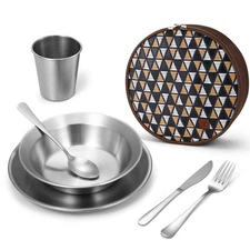 Stainless Steel Camping Mess Kit Cooking Tableware Utensils Plates Bowls