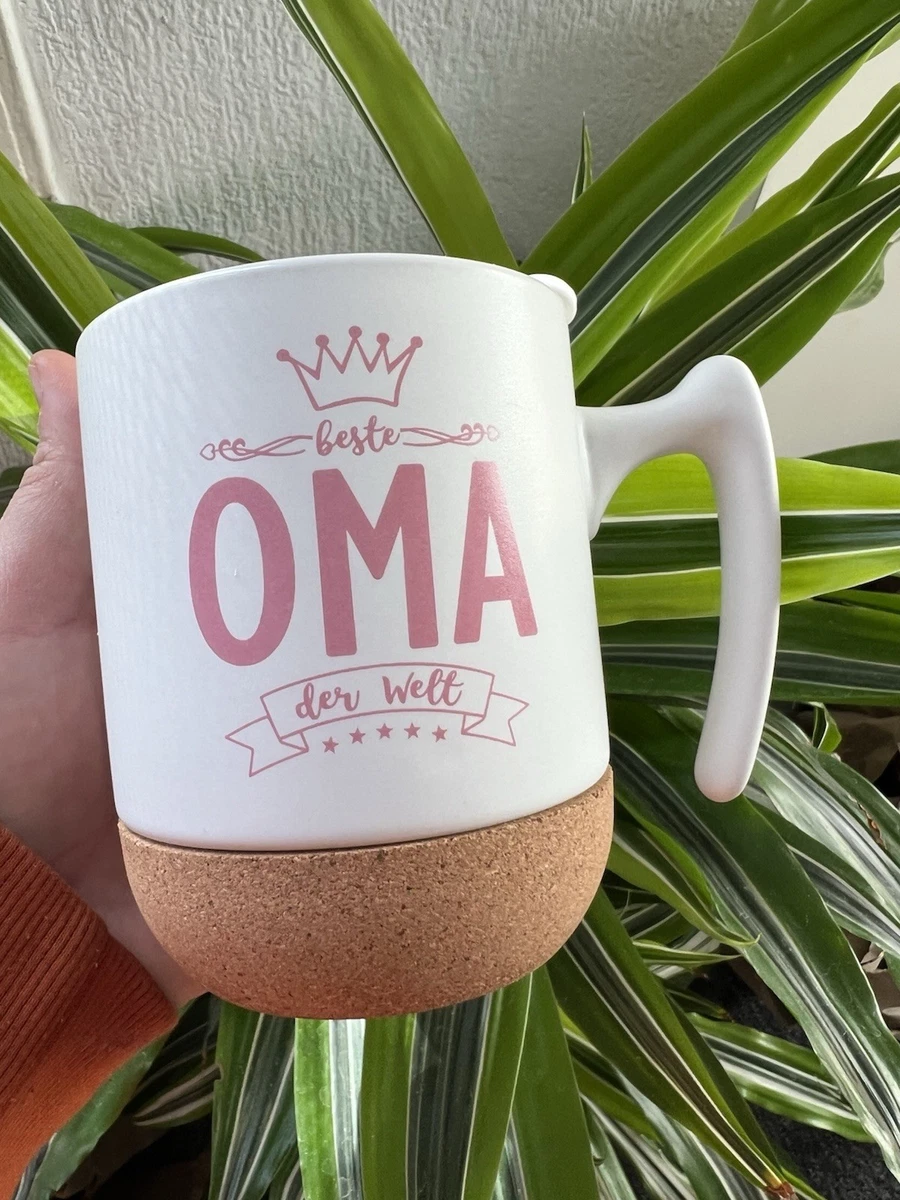Kaffeebecher Keramik mit Deckel & Korkboden, weiß/rosa für die beste Oma