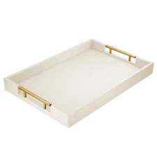 17" x 12" Wood Serving Tray with Gold Polished Metal Handles, Home Decorative...