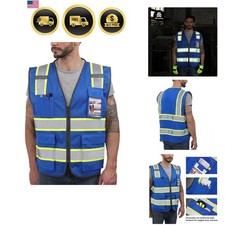 Reflective Mesh Vest High Visibility Two Tone with Pockets and Zipper, Blue M...