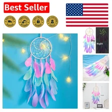 Luminous Pink Dream Catcher with Soft Feathers – Handmade Wall Hanging for Girls