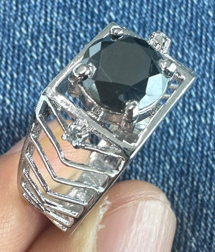 1.79 Ct Black Moissanite & White Natural Raw Diamond 925 Silver Ring Size 9.5