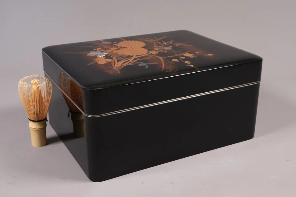 Japanese Lacquer Document Box 11.3inch Gold Four Gentlemen Calligraphy Tool - Image 2 of 4
