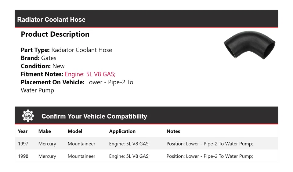 Puertas de manguera de refrigerante para radiador Mercury Mountaineer 1997-1998 Foto 2 de 4