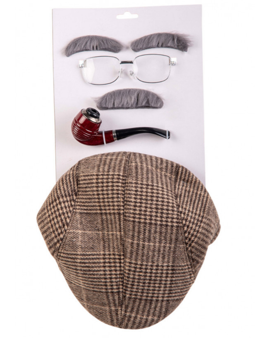 OLD MAN LOOK SET FLAT CAP GLASSES PIPE EYEBROWS TASH PENSIONER OAP - Main Image