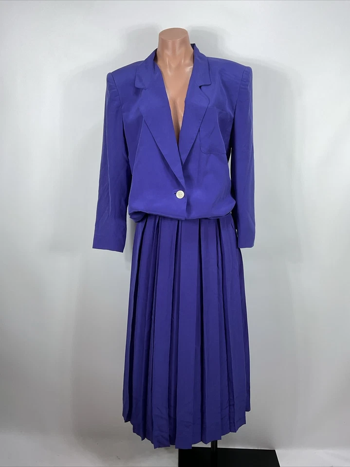 Vintage Pleated Skirt Suit Pure Silk Talbots Longline Blazer Purple 2 Piece - Image 3 of 4