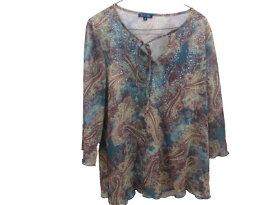 Encore Womens Size 2X Blouse Top Teal Brown Color Sequins 3/4 Sleeve
