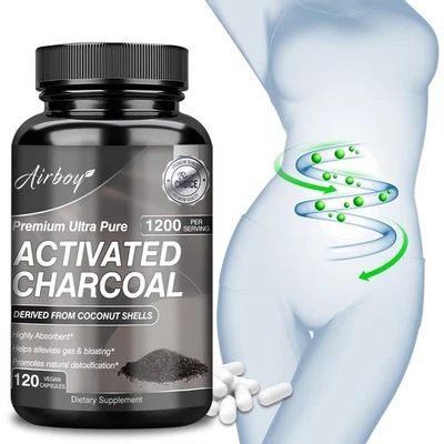 AIRBOY Organic Activated Charcoal Capsules 1200mg - Highly Absorbent, Detox Cleanse