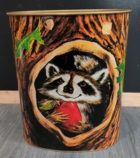 Vintage Metal Owl Trash Can Tree Bark Pattern Limb Butterfly J L Clark Raccoon