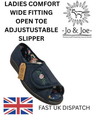JO & JOE LADIES WIDE FITTING OPEN TOE SLIPPER NAVY GOOD FOR PROBLEM FEET & DIABETIC