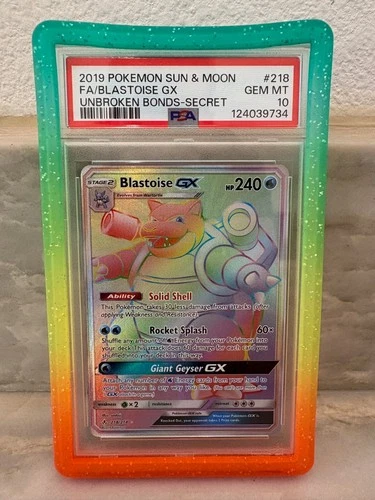 Pokemon 2019 Blastoise GX #218 Rainbow Unbroken Bonds PSA 10