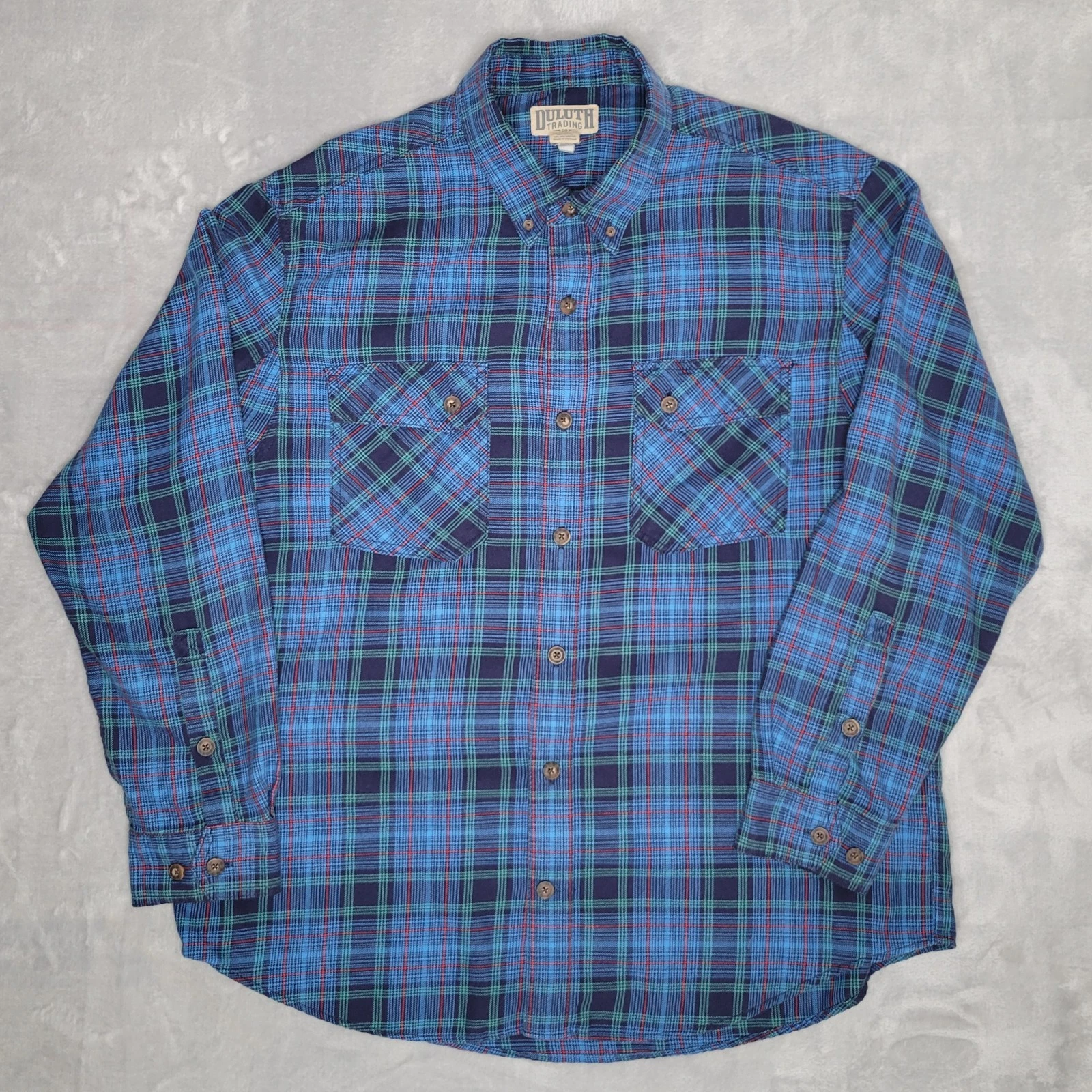 DULUTH TRADING CO Blue Flannel Plaid Button Down Shirt Size XL Chest Pockets