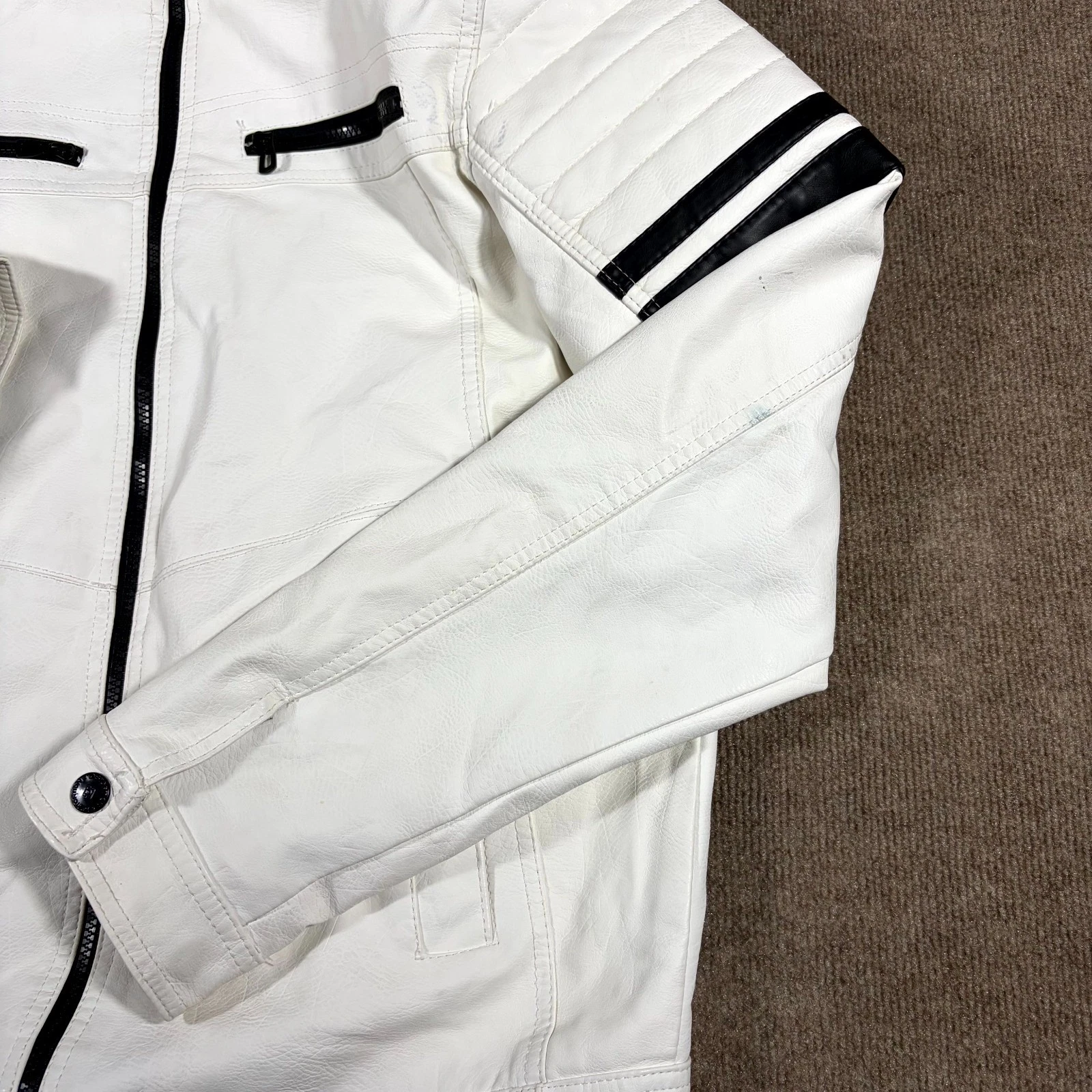 Distortion Biker Jacket Mens XL White Faux Leather Mock Neck Full Zip Racing image 3