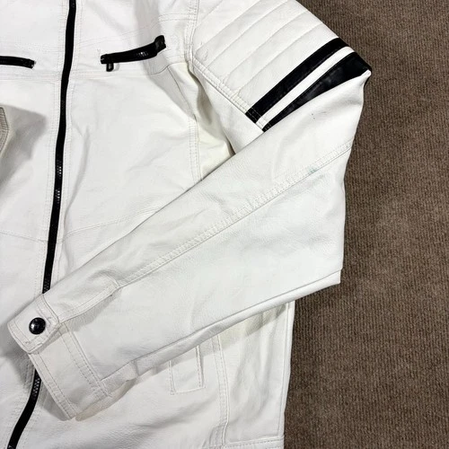 Distortion Biker Jacket Mens XL White Faux Leather Mock Neck Full Zip Racing image 3