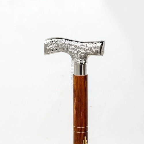 BASTONE DA PASSEGGIO IN LEGNO PIEGHEVOLE MANICO BELLISSIMO DESIGN OTTONE ARGENTO REGALO UOMO - Foto 6 di 12