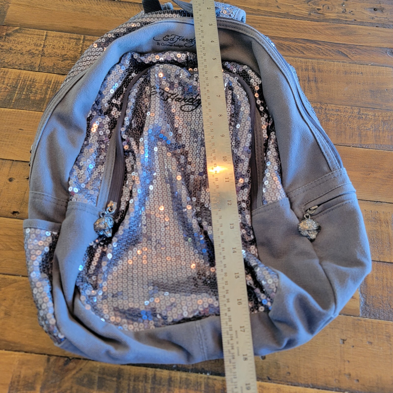 Ed Hardy Sequin Backpack Gray Grey EUC - image 5