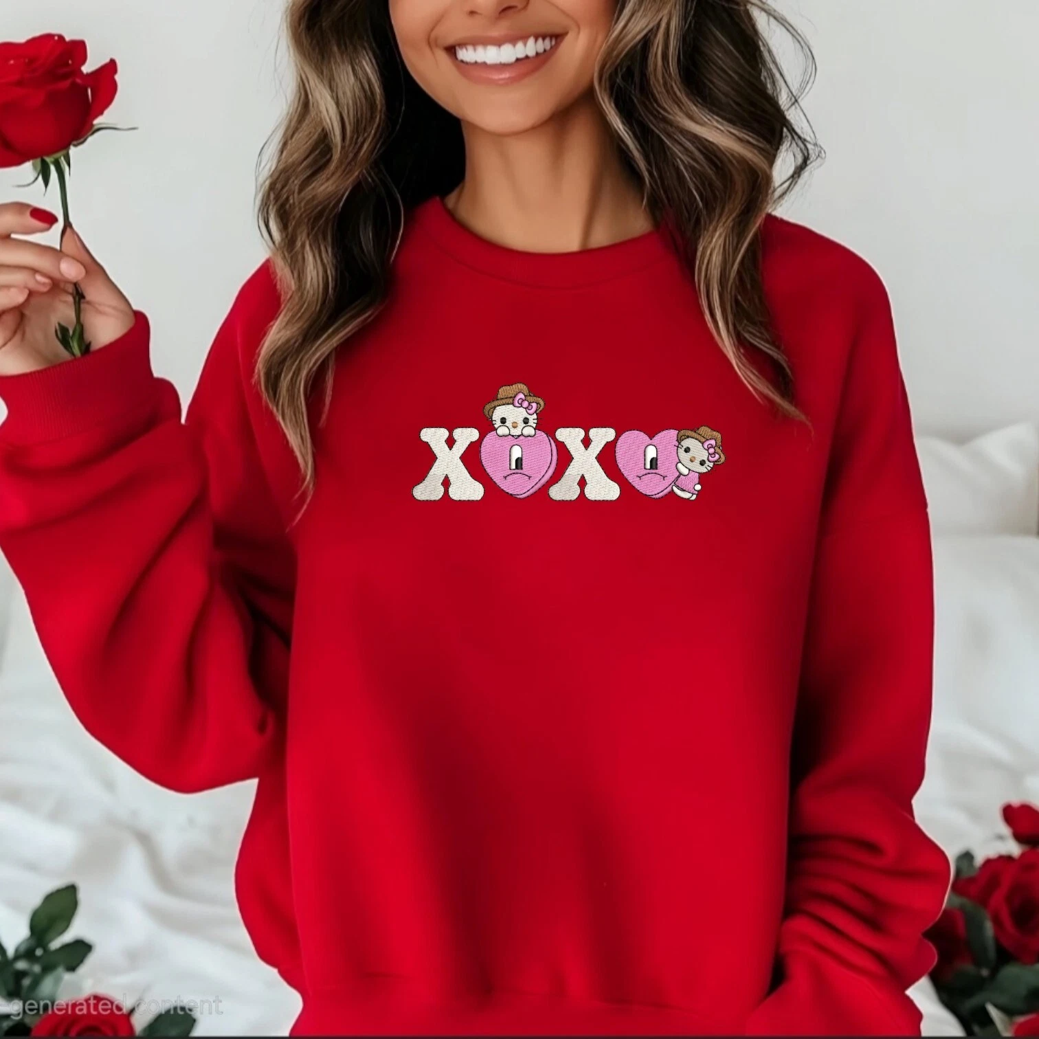 VALENTINO Felpa Felpa con cappuccio ricamata personalizzata XOXO Hello Kitty Valentine Bad Bunny