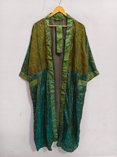 Summer Wear Maternity Robe Indian Vintage Patchwork Sari Silk Kimono, B-4894 - Picture 6 of 7
