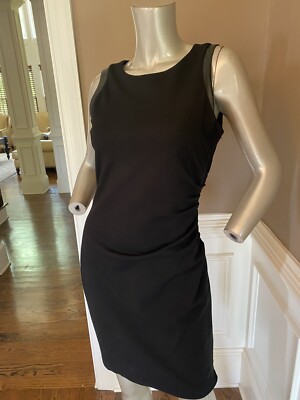 vince camuto faux leather dress VINCE CAMUTO Black Sleeveless Midi Dress with Faux Leather Stripes